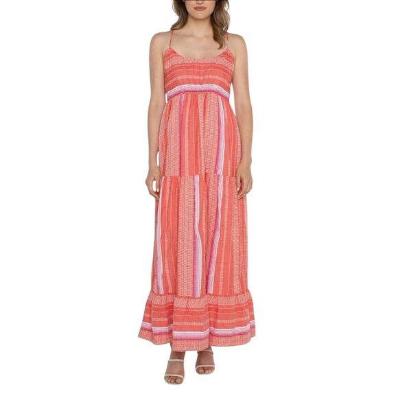 Liverpool LA Racerback Tiered Maxi Dress Coral Stripe Cotton Sundress XS NWT - Picture 1 of 16